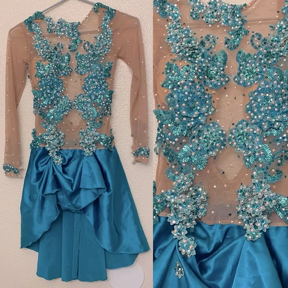 Custom Solo Dance Costume Teal Blue Lyrical Competition nude illusion SA adult